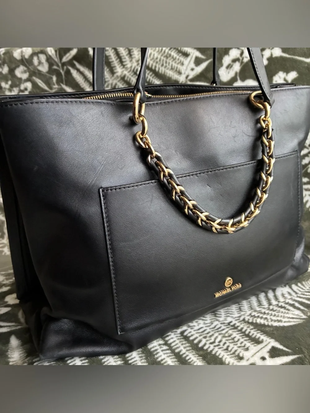 Michael Kors Black Leather Tote with Gold Chain Handles